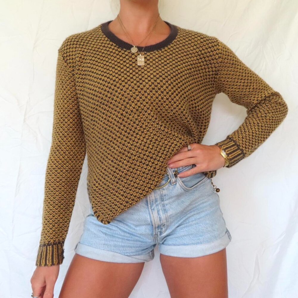 SERENDIPITY GOLD GREY KNIT SOFT TIE CREW NECK SWEATER SIZE LARGE
